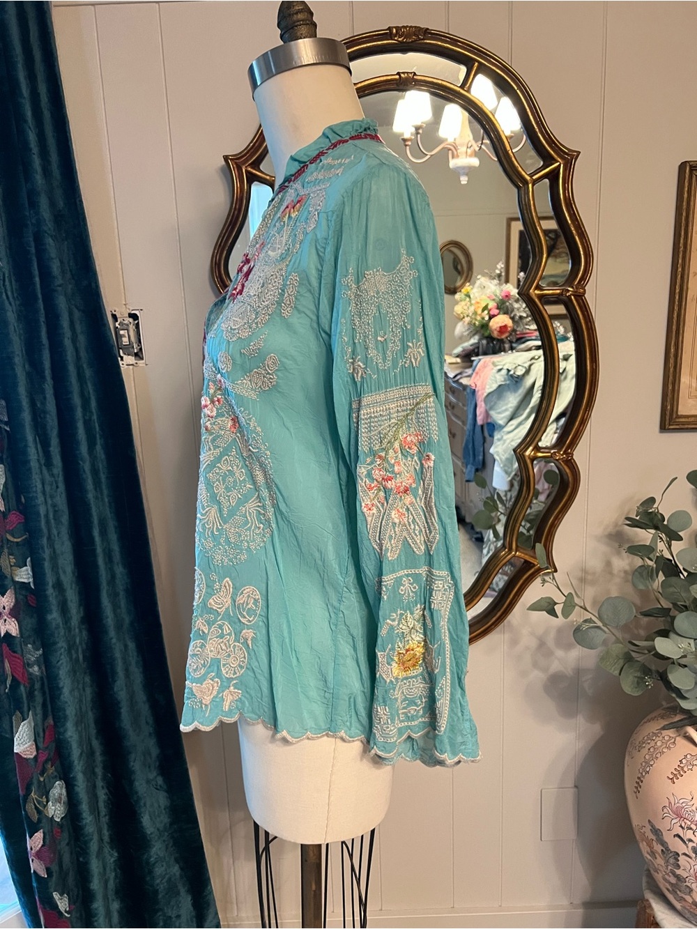 Johnny Was Embroidered silk Turquoise Floral Button-Front Women's Top - Picture 7 of 16